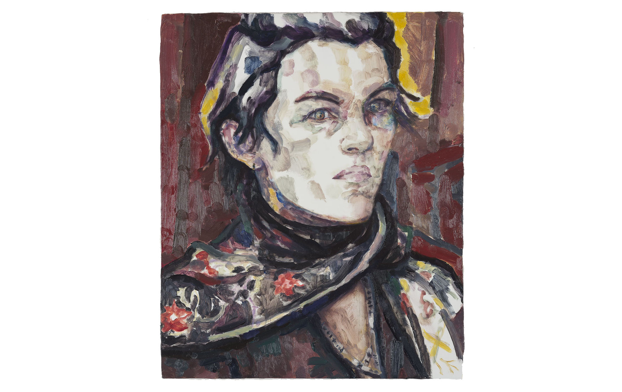 <i>Portrait at the Opera (Elizabeth)</i>, 2016. Oil on panel, 17 x 14 x 1 1/4 inches (43.2 x 35.6 x 3.2 cm).